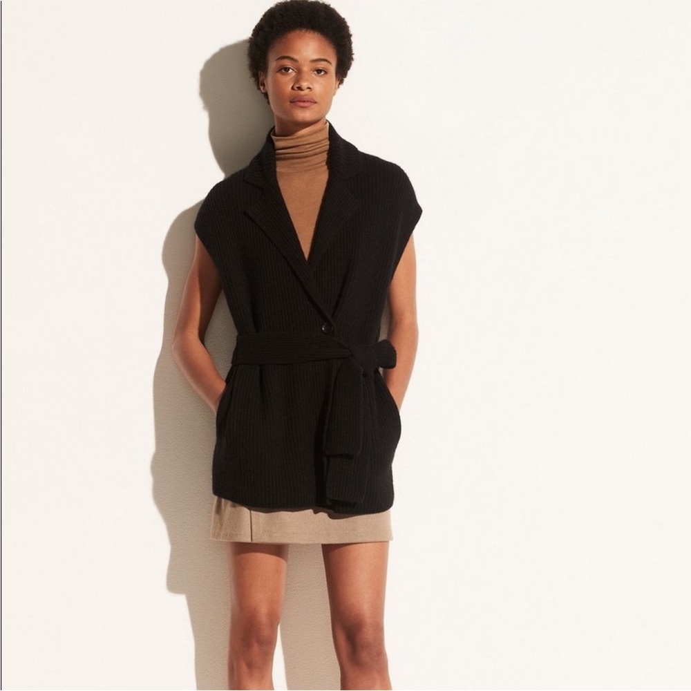 VINCE Cap Sleeve Tie Waist Vest Cashmere Wool Sweater Vest longline wrap Small